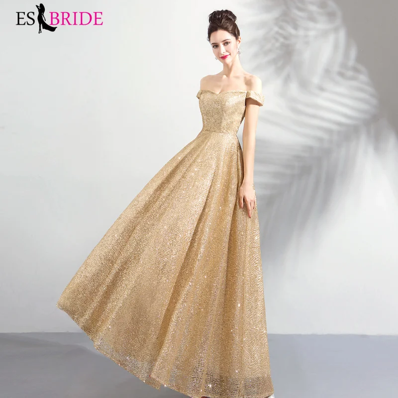 

Luxury Gold Evening Dress Shiny Glitter 2019 A Line Off Shoulder Evening Dresses Formal Prom Party Gown Robe De Soiree ES2366-1