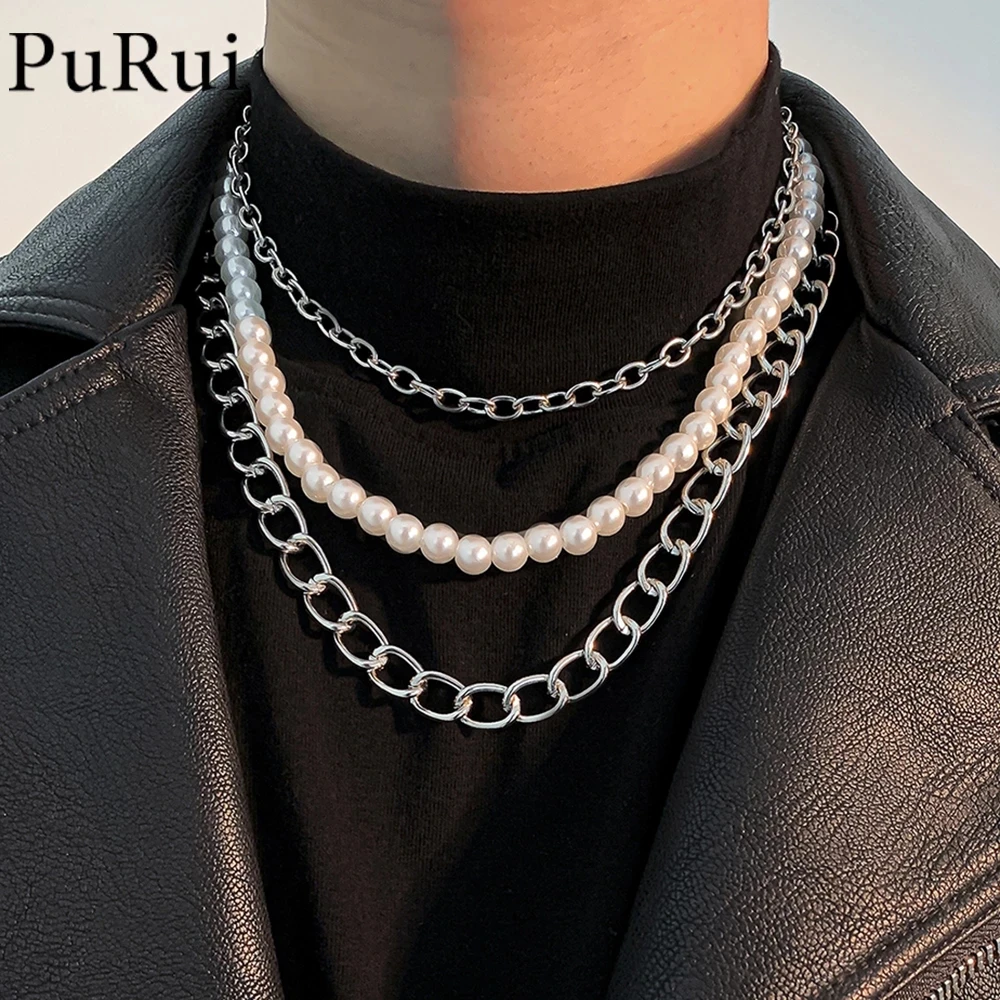 Hip Hop Punk Pearl Necklace Stainless Steel Curb Cuban Link Chain Choker for Men Women Silver Color Fashion Male Jewelry Gift | Украшения и