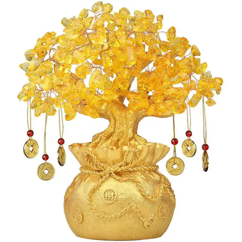 180mm Natural Yellow Citrine Quartz Crystal Money Bag Wealth Tree Lucky Fashion Base AAAAAPowerful Healing Stone