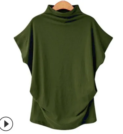 army green Женские топы и блузки, водолазка с коротким рукавом, хлопок, для девушек, однотонная Повседневная Блузка, топ, рубашка для женщин размера плюс, однотонная Одежда для девочек - Цвет: army green