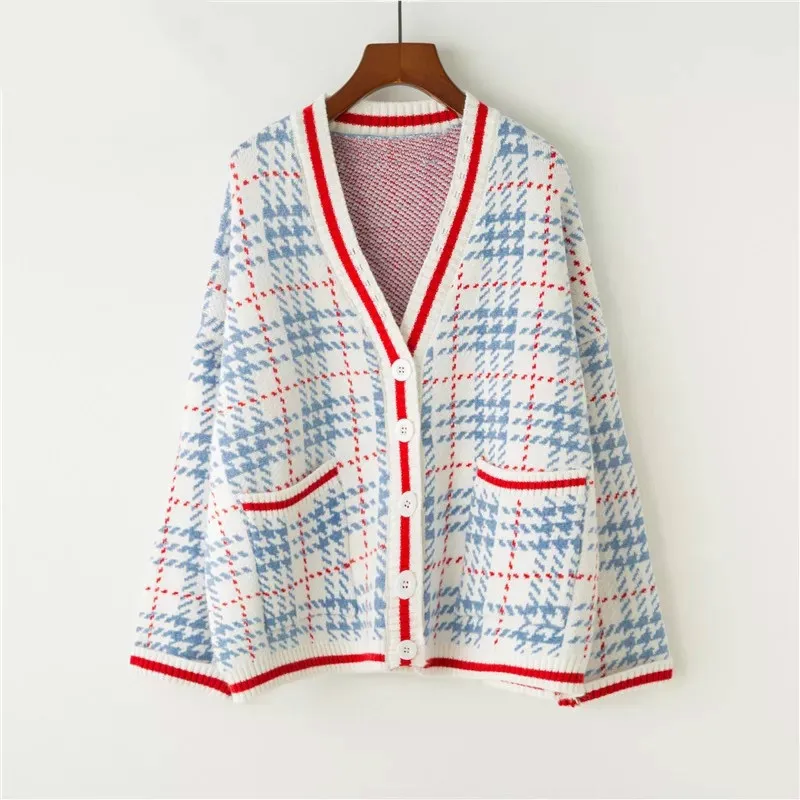 

Japanese Women Sweater Cardigans Autumn New Knitted Sweater Jackets Female Oversized Plaid V neck Loose Cardigans Women