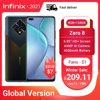 Перейти на Алиэкспресс и купить Глобальная версия Infinix Zero 8 8 ГБ 128 Гб Смартфон 6,85 ''FHD 90 Гц полный экран 64-мегапиксельная четырехъядерная камера 4500 мАч батарея зарядное устрой...