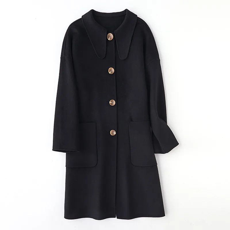 D-one New Thin Wool Blend Coat Women Long Sleeve Turn-down Collar Outwear Jacket Casual Solid Autumn Winter Overcoat D141 - Цвет: black