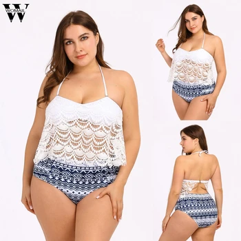 

Women's Bikini Swimsuit 2020 Fashion Women's plus size conservative ruffle lace print two-piece High Waist swimsuit