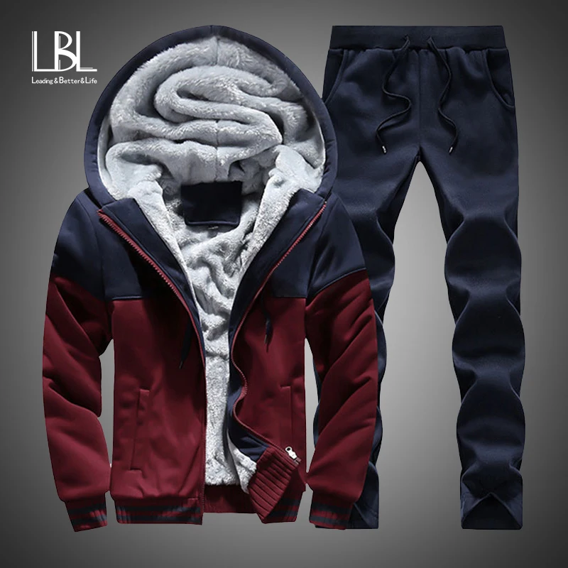 Slim Tracksuit Hooded-Sweatshirt Sweatpants Warm-Sets Zipper 2pieces-Sets Sporting Men