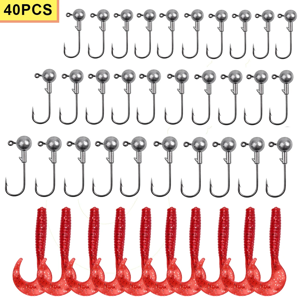 

40Pcs Lead Jig Heads fishing Hooks Lure Set saltwater Soft Worm Artificial Bait for crappie bass Fishhooks Tackle Kit