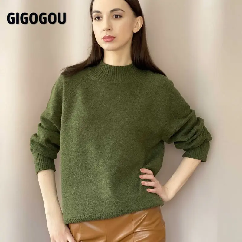 Женский кашемировый свитер GIGOGOU шерстяной пуловер оверсайз с высоким воротом