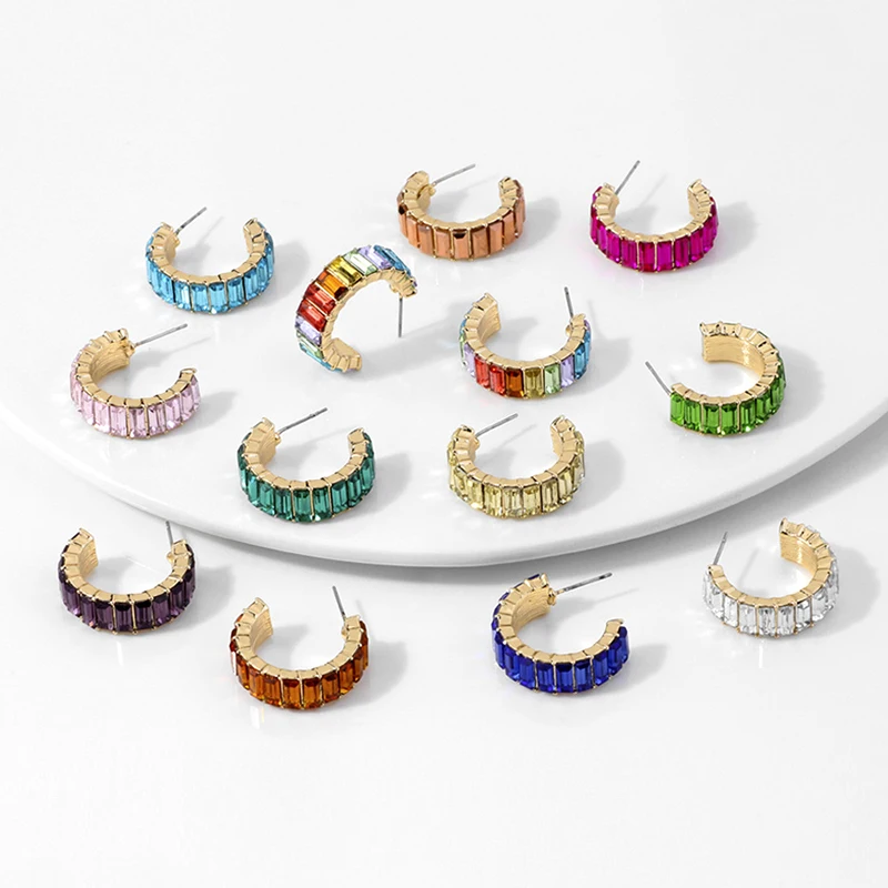 Multicolor C-Shape Temperament Crystal Drop Earrings For Women Unique Rainbow Earrings Clip on Earrings Elegant Ear Cuff Jewelry