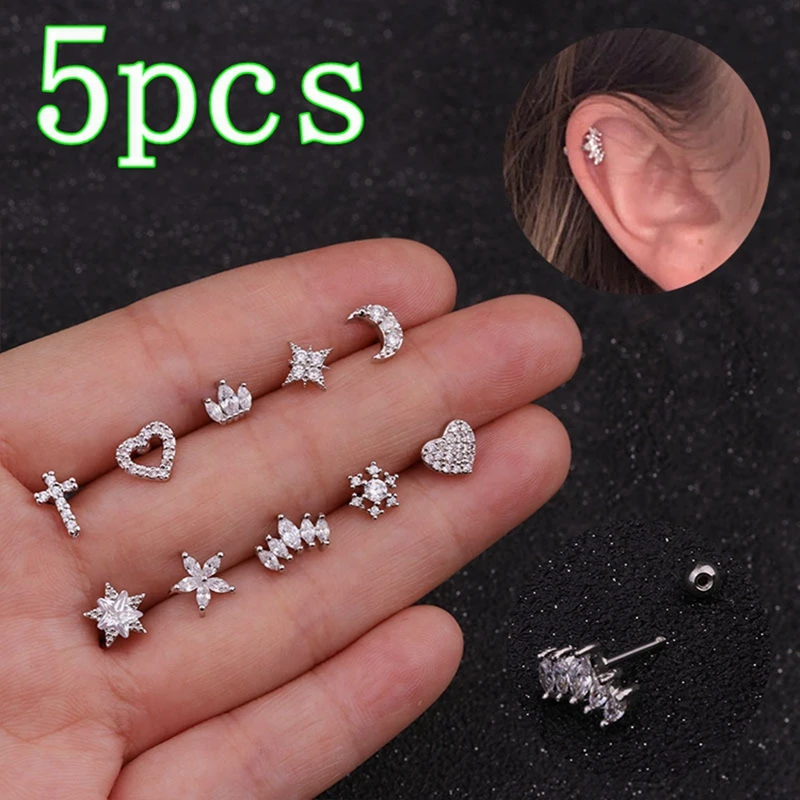 Juego de pendientes para el cuerpo, 5 unidades, aros para el cartílago Tragus Labret, Septum, tachuelas, Luna, Cruz, corazón, Piercing, joyería H6|Joyería corporal| AliExpress