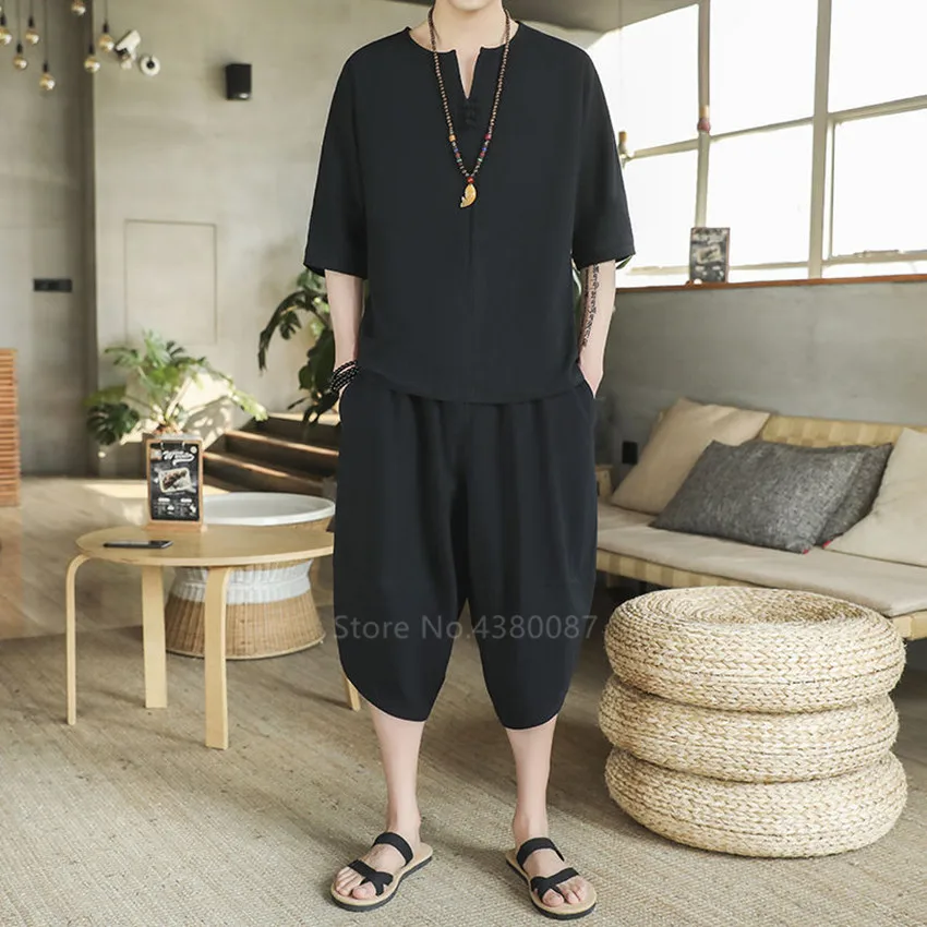 Summer Chinese Traditional Clothing Man Male Shorts Top Set Linen Breathable Casual Retro Loose Kimono Kung Fu Tang Suit Unfirom