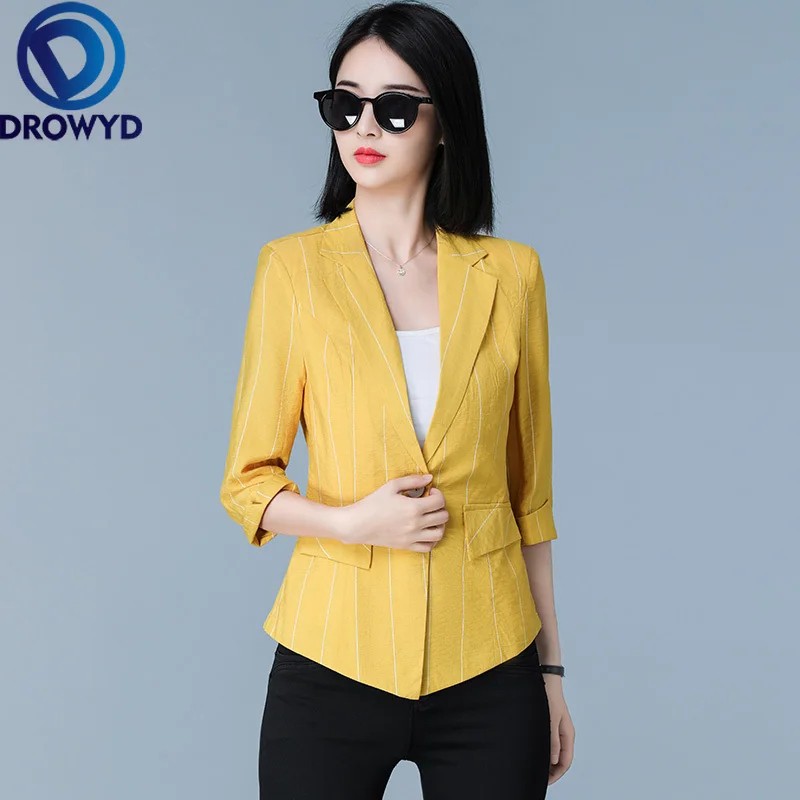 

2020 Yellow Striped Blazer Women Tailored Coat Lady Office Work Suit OL Styles Elegant 3XL Pockets Slim Blazer Jacket Chic Tops