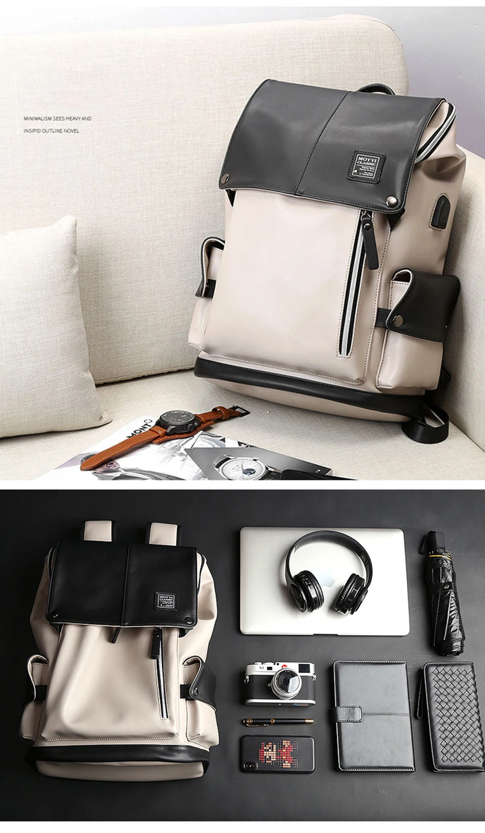 PU Leather Backpack Men Laptop 15.6 Inch Backpacking Male Women Backpacks Student Waterproof Bagpack USB Charging Notebook Bags (8)