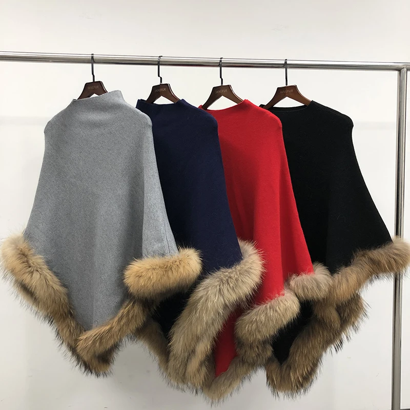 Wool Poncho Women Natural Raccoon Fur Trim Casual Red Cape Knitting Pullover Sweater Long Cloak Spring Autumn