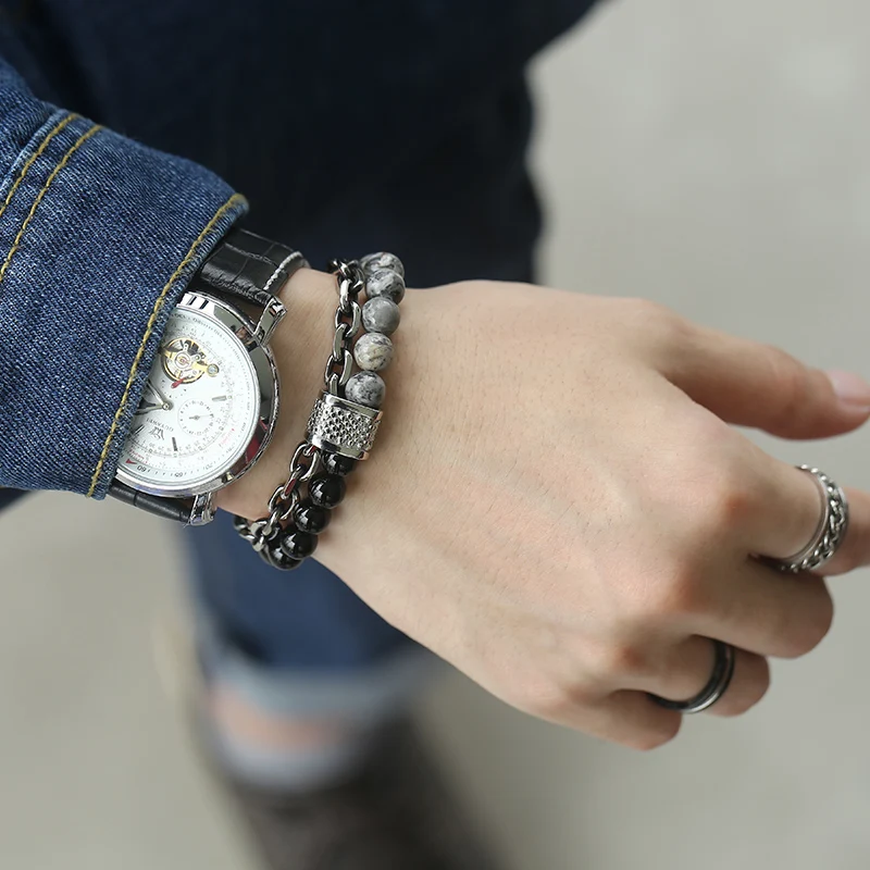 ブレスレット ROMANTINUER SN140 DOUBLE BEAD BRACELET Leather Bead Bracelet | Metal Bead Bracelet - 26 A-z Glass