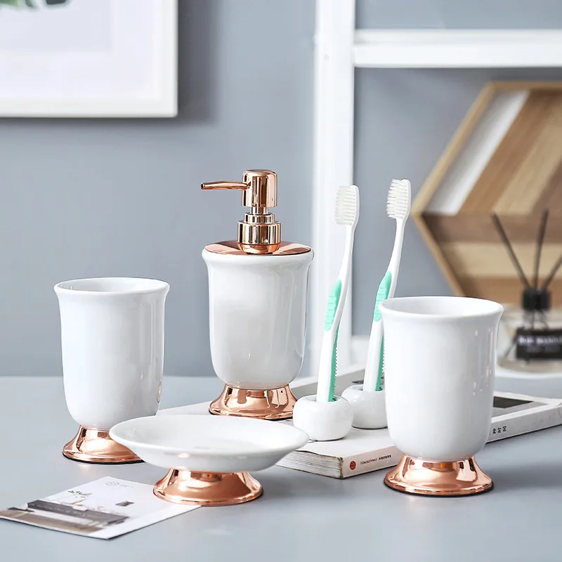 

Ceramic Bathroom Toiletries Accessories Soap Dispenser/Dish Toothbrush Holder & Gargle Cup 5 Piece Set Wedding Gifts New Arrival