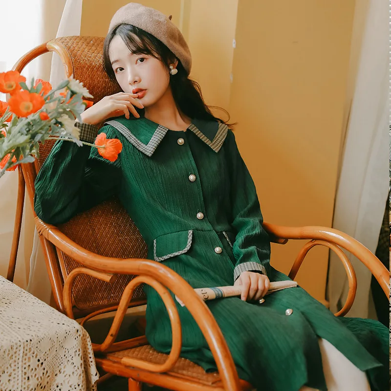 

2019 new fashion women's French vintage plaid stitching long sleeve dress