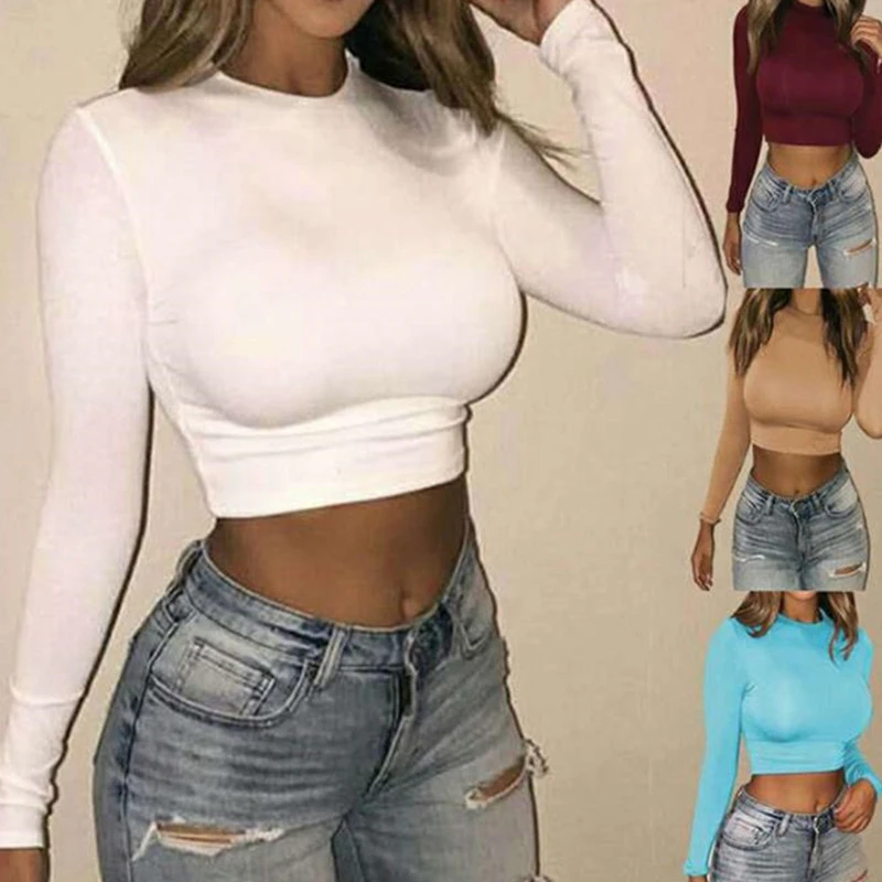 Para Mujer, Camiseta Ajustada Cuerpo, Camisa Top Corto con Cuello Redondo, de Larga, para Dama, Colores Sólidos, Tela Lisa, Otoño, Sensual, Moda, Sexy|Camisetas| AliExpress
