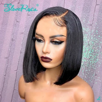

Side Part 13x4 Short Bob 130% Brazilian Remy Hair Can Be Dyed Lace Front Human Hair Wigs Pre-Plucked Bleached Knots Slove Rosa