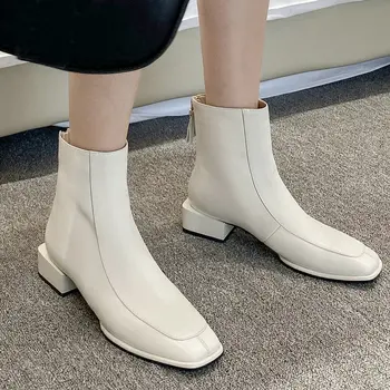 

Retro Square Toe Ankle Boots Woman Genuine Leather Low-heels Short Boots Brown White Square heel Cow-leather Ankle Boots