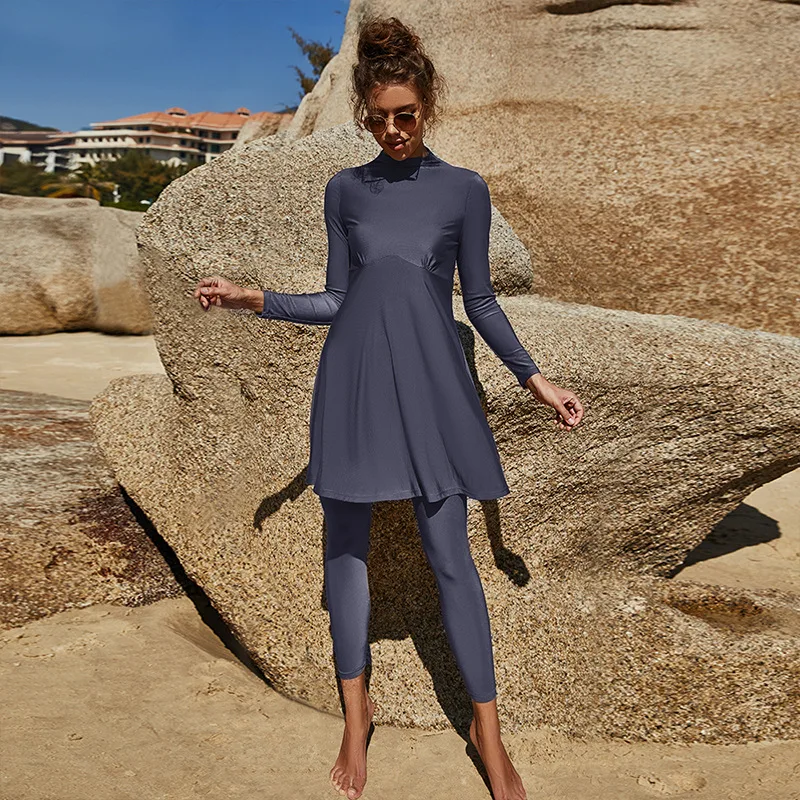 Summer Burkini Muslim Swimwear Female Two-Piece Set Swimsuit Long Sleeve Beach Swimming Suit With Folds mujer islamico купальник
