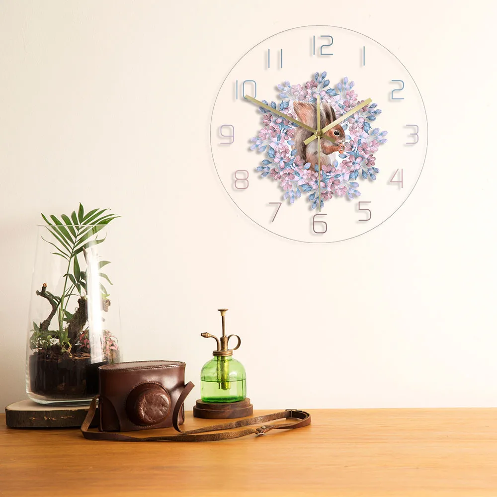 Богемные акварельные художественные настенные часы с изображением белки и последователя, современные настенные часы с лесным животным, для детской комнаты, бохо, декор для гостиной, не тикающие настенные часы