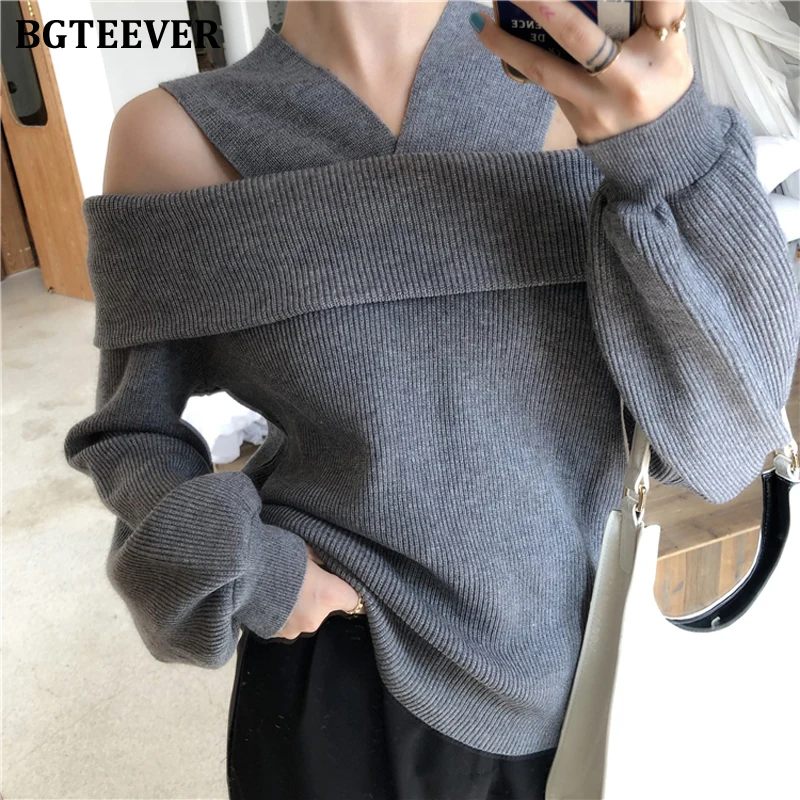 BGTEEVER шикарный Холтер с открытыми плечами женские вязаные свитера