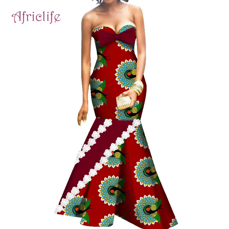 Custom Plus Size Clothing African Bazin Fabric Strapless Sleeveless Wedding Party Dresses WY4835