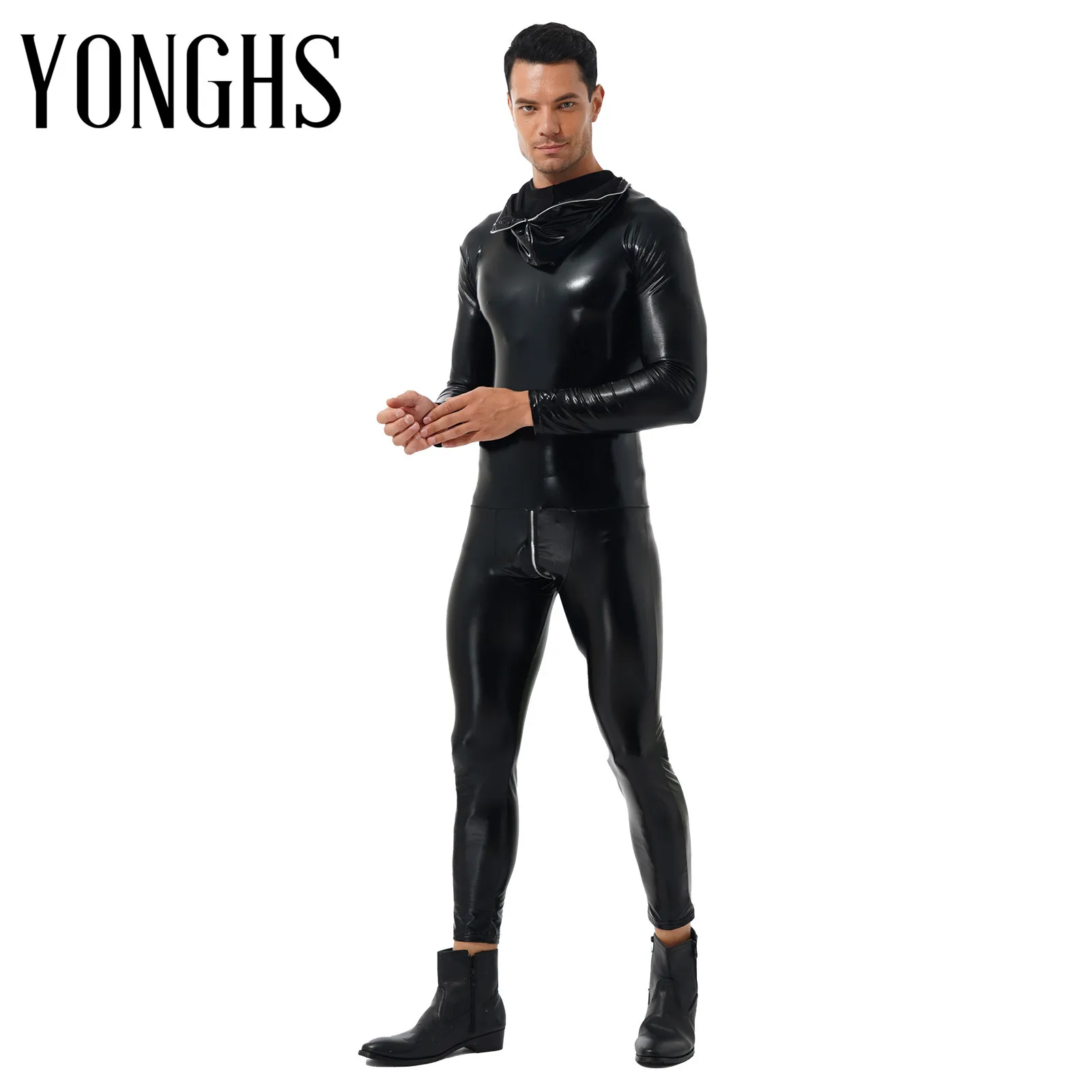 

Mens Zipper Back Patent Leather Full Hooded Bodysuit Stretchy Skinny Jumpsuits Nightclub Stage Performance Role Play Costume