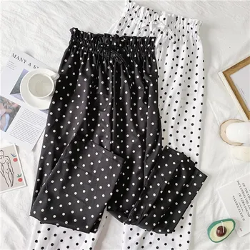 

Spring Summer Women Polka Dot Wide Leg Pants Drawstring Waist Ankle Length Pants High Waist Stylish Loose Pants Dropshiping
