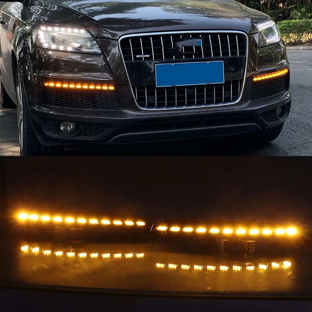 Carro piscando 1 par led drl dinâmico amarelo turn signal luz de circulação diurna para audi q7 2010 2011 2012 2013 2014 2015 nevoeiro lâmpada|Luzes p/ carro| -