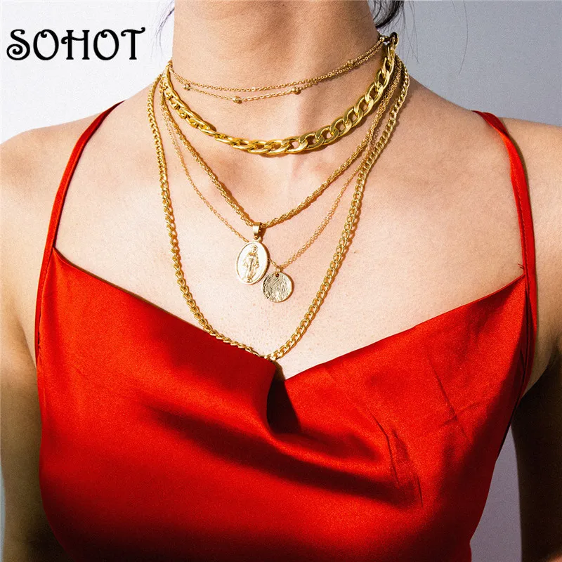 SOHOT European Multilayer Alloy Choker Necklace Wide Gold Silver Color Jesus Emboss Pendant For Lady Engagement Jewelry Bijoux | Украшения