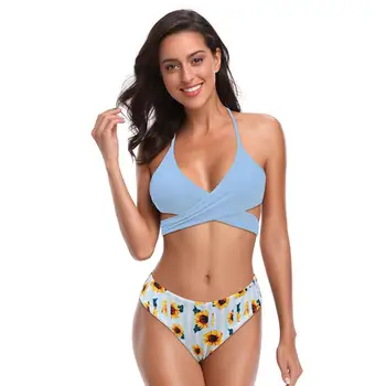 

SE Brand Cross Bandage Bikini Set Women Blue Yellow Bandeau Swimsuit Print Sunflowers Two Piece Swimwear Beach Bathing Suit