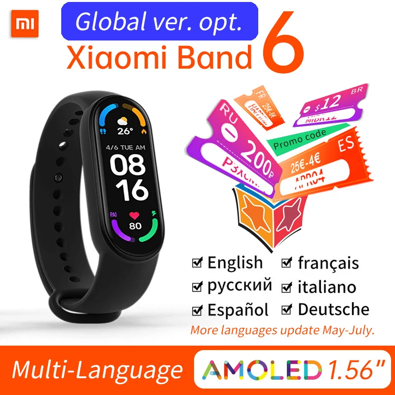 Умный Браслет Xiaomi Mi Band 6 Global CN фитнес-трекер с цветным дисплеем AMOLED Retina 1 56 дюйма