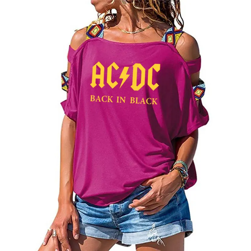 16 Группа ACDC футболка в стиле рок женские ACDC с буквенным принтом футболки хип-хоп рэп музыка короткий рукав сексуальные открытые плечи топы тройник - Цвет: 16