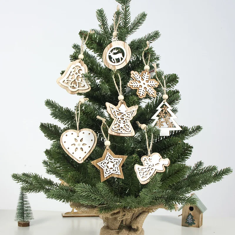

2pcs Creative Wooden Angel Bell Christmas Pendant Hallow Wood Card Christmas Tree Hanging Ornaments Window Xmas Party Home Decor