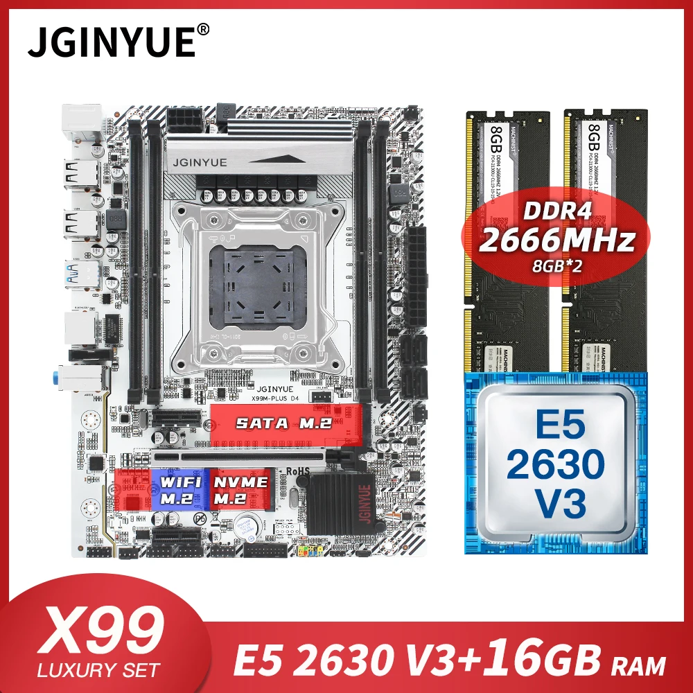 Материнская плата JGINYUE X99 LGA 2011-3 combo с 16 Гб 2*8 ГБ DDR4 ОЗУ для настольного ПК Xeon E5 2630 V3