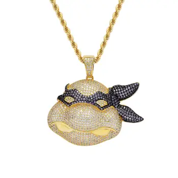 

MATHALLA Hip Hop Mens Real Gold Necklace Cartoon Teenage Mutant Ninja Turtle CZ Pendant Iced Out Pendant Brass Animal Jewelry