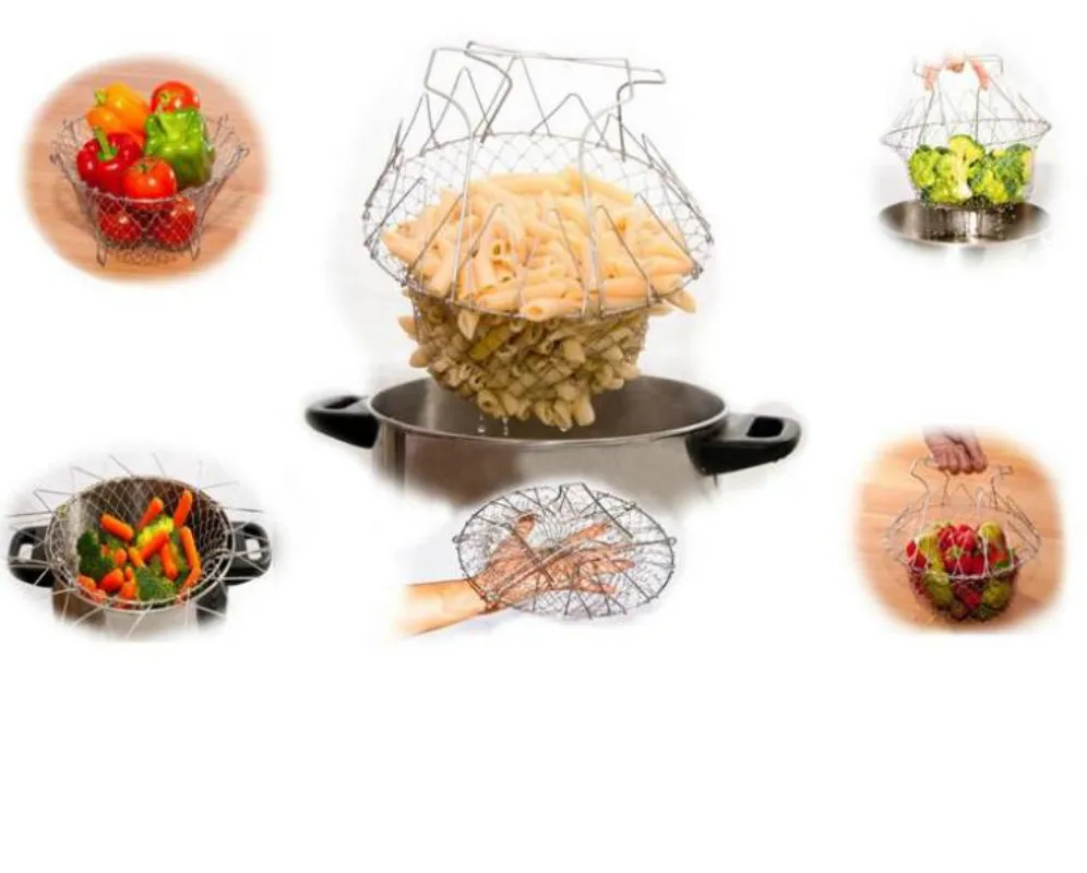 

Stainless Steel Foldable Steam Rinse Strain Fry Chef Basket Potato Chips Strainer Magic Basket Mesh Basket Strainer Kitchen