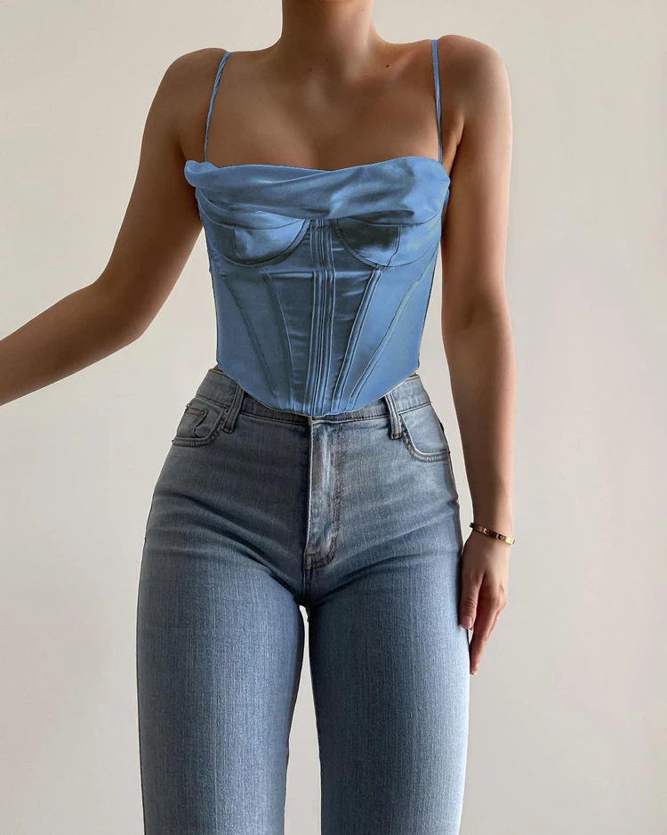 spanx camisole NewAsia Satin Corset Top Spaghetti Strap Lining Cowl Neck Boning Padded 2Layer Backless Zipper Bustier Sexy Crop Tops Women 2021 corset t shirt