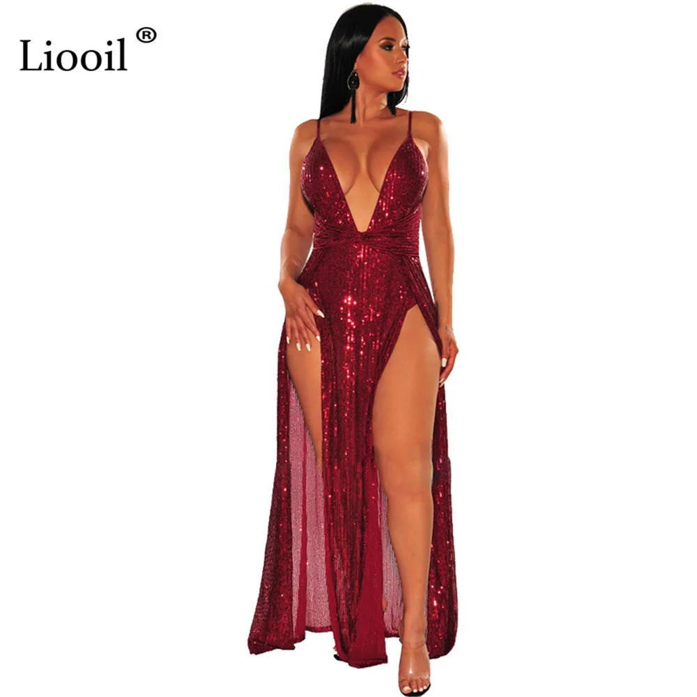 Liooil, черное, с блестками, сексуальное, с разрезом, длинное, макси платье, женская одежда,, без рукавов, v-образный вырез, открытая спина, для ночного клуба, для вечеринки, платья