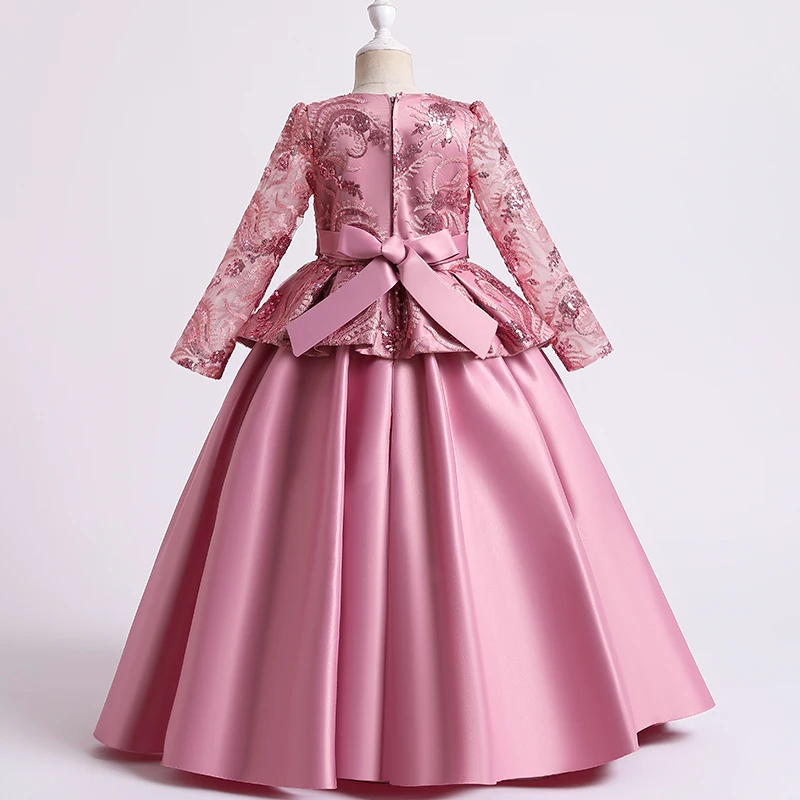 Girls Dress Satin Bowknot Printed For Flower Girl Party