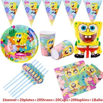 

93Pcs SpongeBob Party Supplies Set Happy Birthday Kids Baby Shower Party Decoration Set Banner Balloon Straws Cup For 20 Person