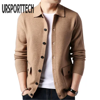 

URSPORTTECH Men Cardigan Sweater Streetwear Fashion Sweater Coat Men Autumn Winter Warm Cashmere Woolen Cardigan Men With Pocket