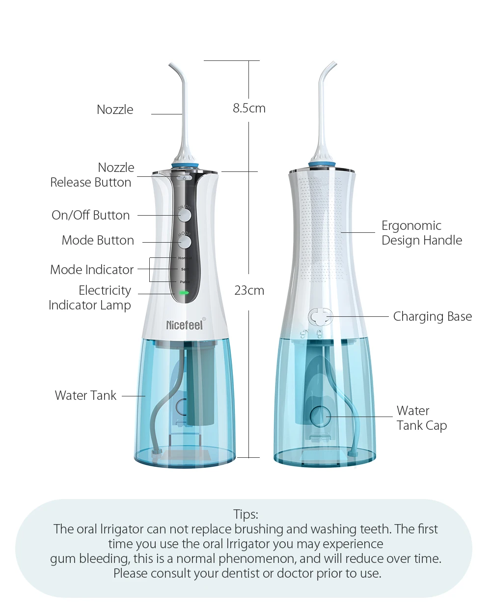 Nicefeel ирригатор для полости рта USB Перезаряжаемый 3 режима Беспроводная вода зубная нить водонепроницаемый очиститель зубов с 2 струйными наконечниками 300 мл