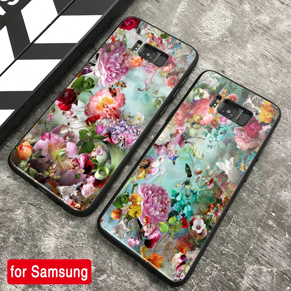 

FinderCase for Samsung Note 9 Case Floral Flower Design Glass Soft Edge Cover for Samsung Galaxy Note 8 9 10 S8 S9 S10 Plus lite