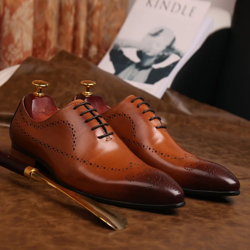 

Italian Lace Up Men Genuine Leather Men Wedding Brogue Formal Dress Shoes Party Office Brown black Oxford