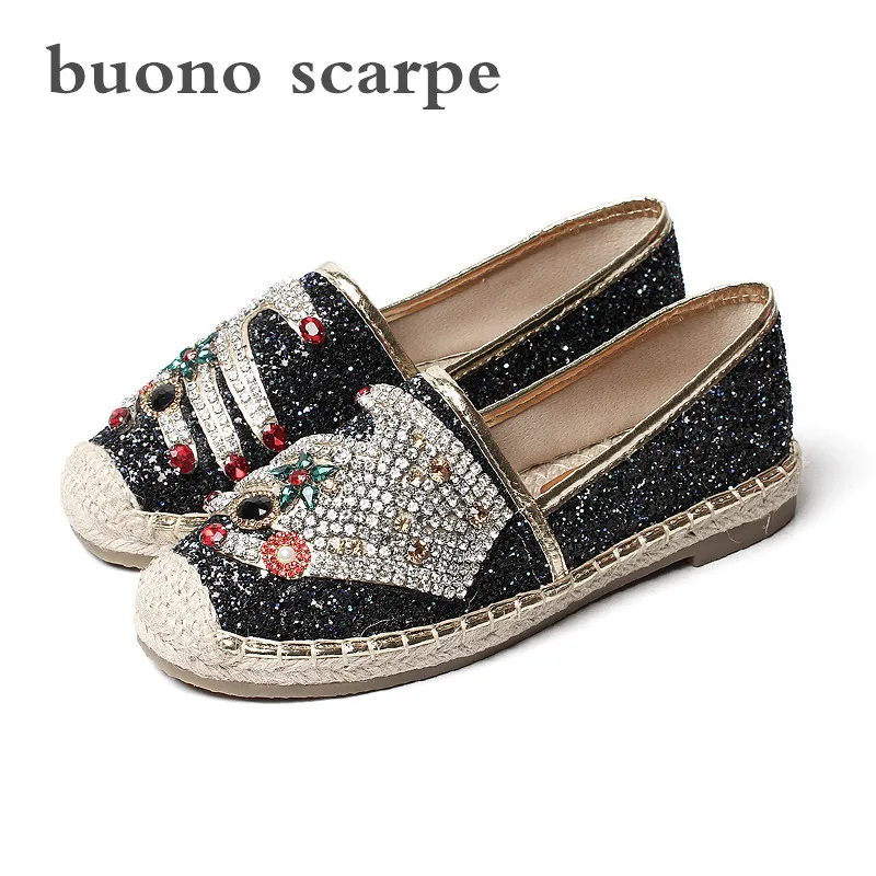 

2019 spring and autumn new linen edging fisherman shoes female flat bottom straw shoes sequins rhinestone single shoes set foot