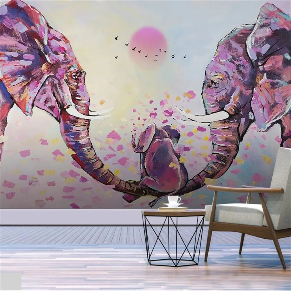 

Milofi European creative hand-painted auspicious Ruyi elephant happiness family background wall large mural wall paper