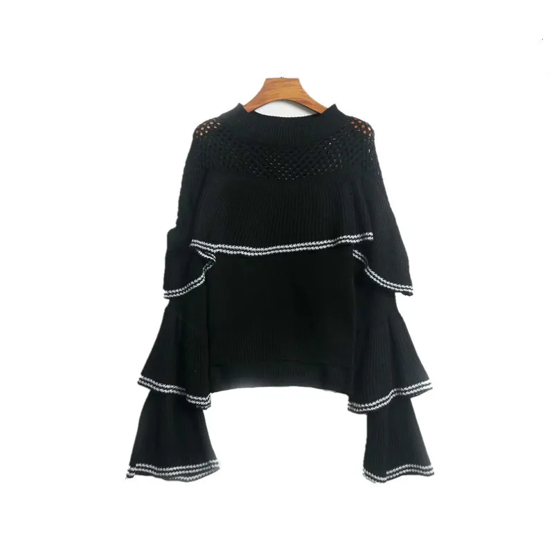 

[EWQ] 2019 Spring Autumn New Pattern Round Collar Long Flare Sleeve Hollow Out Knitting Pullovers Vintage Sweater Women AH06401