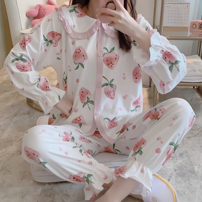 

2518 # Powder Strawberry YX Cardigan High Quality Pure Cotton Long Sleeve Princess Style Sweet Pajamas Tracksuit Two-Piece Set